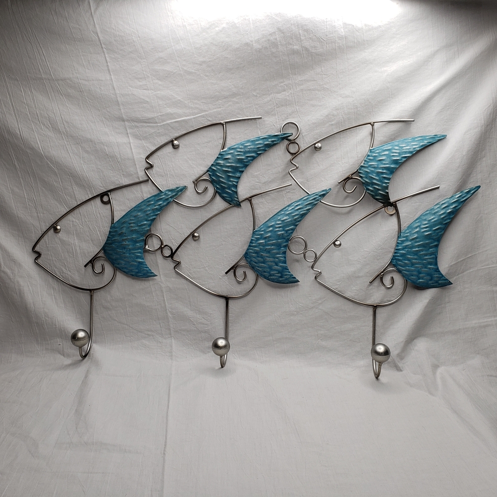 Large Silver and Blue Metal Fish Wall Hook Decor